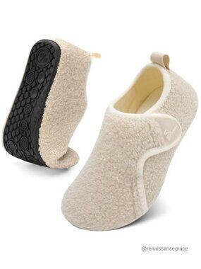 Adjustable Hook and Loop Slippers with Rubber Soles and Faux Fur for Men and